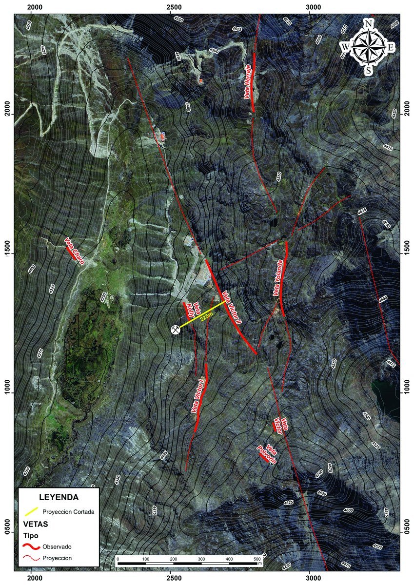 Plan showing the mapped and projected vein structures and the planned crosscut at the Mercedes project