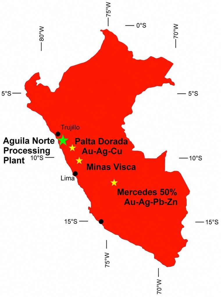Map of Peru showing the Aguila Norte plant, Palta Dorada, Mercedes and Minas Visca